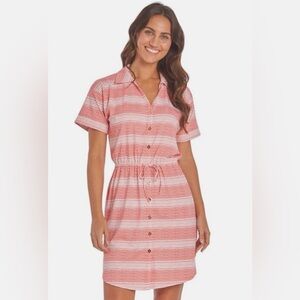 EUC Cabana Life Coral & White UPF 50+ Nantucket Button Down Shirt Dress, XL